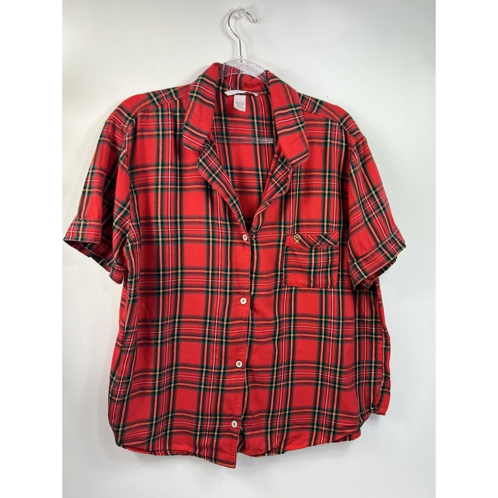 Victoria's Secret Pajama‎ Top Women's Size L Red Plaid Flannel Full Button